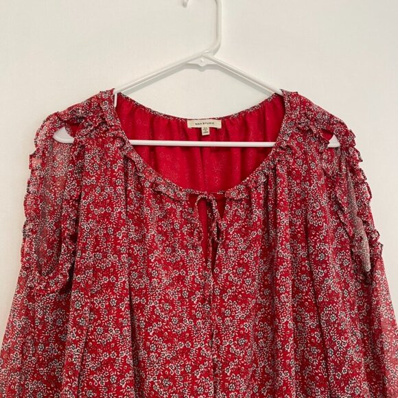 MAX STUDIO Georgette Elbow Sleeve Cold Shoulder Blouse Red White Floral Boho Top - Picture 5 of 16